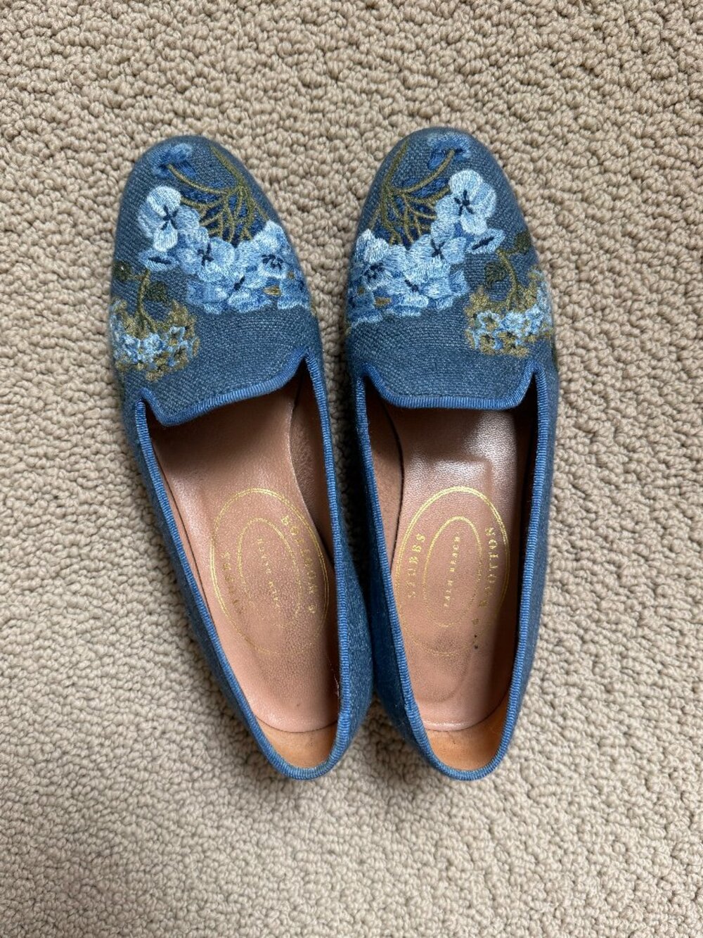 Stubbs & Wootton Blue Hydrangea Needlepoint Loafers Slippers Flats - 6.5